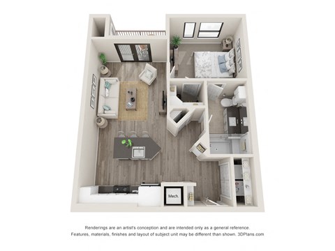 Floor plan for 1 bed, 1 bath, 701 sqft